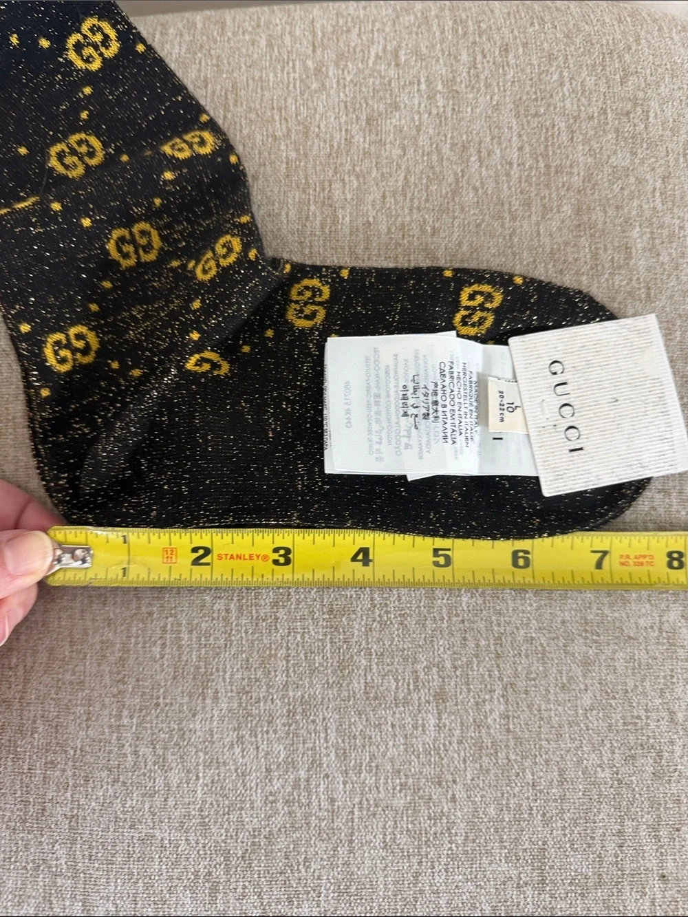 Gucci Black and Gold GG Jacquard Crew Socks in Youth Size L NWT